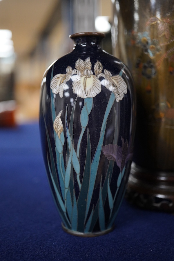 A Japanese presentation bronze and mixed metal vase on hardwood stand and a pair of cloisonne enamel vases (3), tallest 20cm. Condition - fair to good